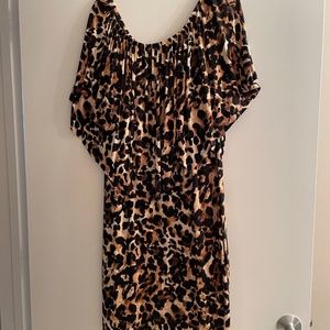 Year round on or off shoulder animal print dress.